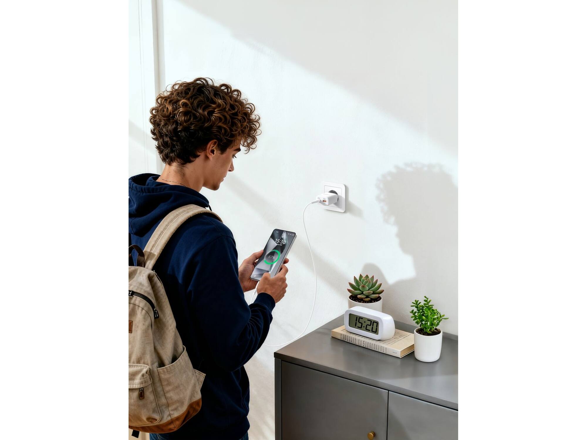 Veger snellader 45 Watt 2x USB Poort + USB-C Kabel 1,5m Nylon Wit