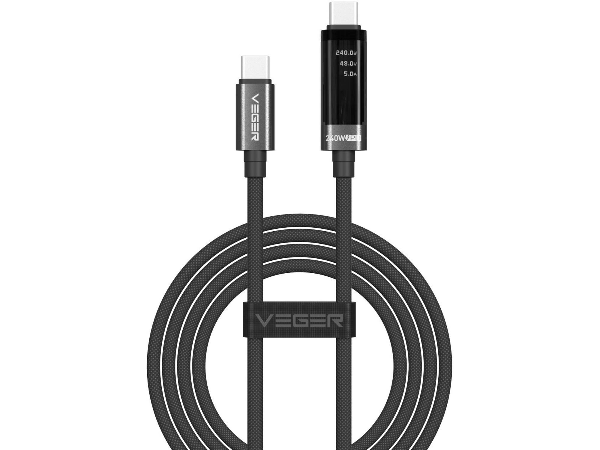 Veger DC120 USB-C naar USB-C kabel 1.5m Braided Aluminium 240 Watt met display